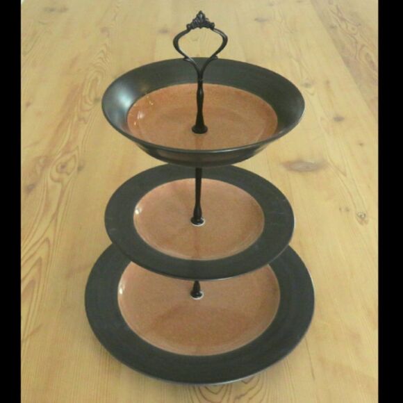 Flat Black Sand Cupcake Dessert Stand 3-Tiered Plate Vintage - Picture 2 of 4